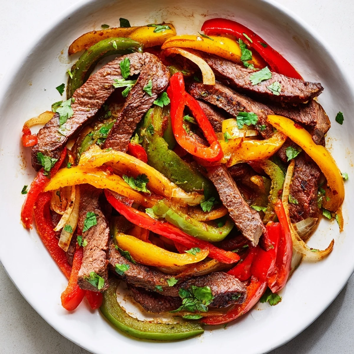 Heaping platter of Beef Fajitas with Peppers and Onions featuring colorful sautéed vegetables and tender beef strips, topped with cilantro and served alongside guacamole.