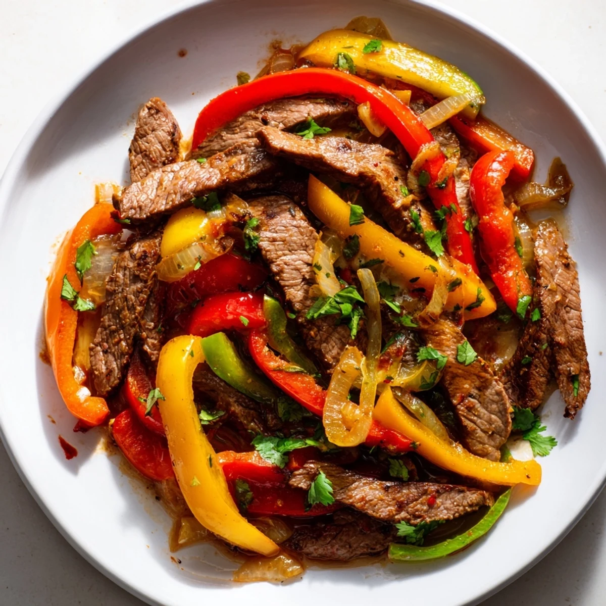 Close-up of juicy marinated Beef Fajitas with Peppers and Onions wrapped in a soft tortilla, ready to eat with a drizzle of salsa and sour cream.