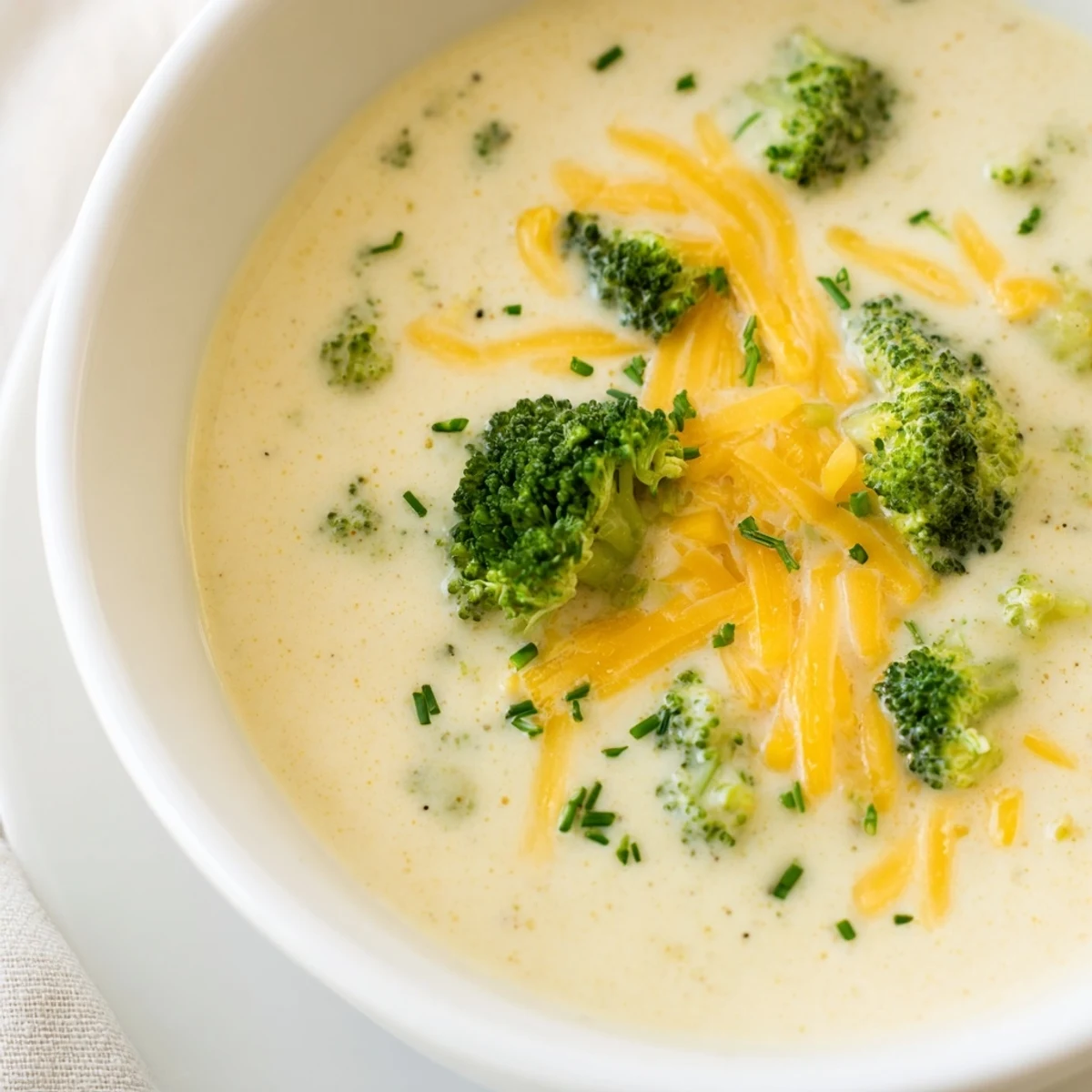 Creamy Broccoli Cheddar Soup served hot in a rustic ceramic bowl alongside crusty bread.