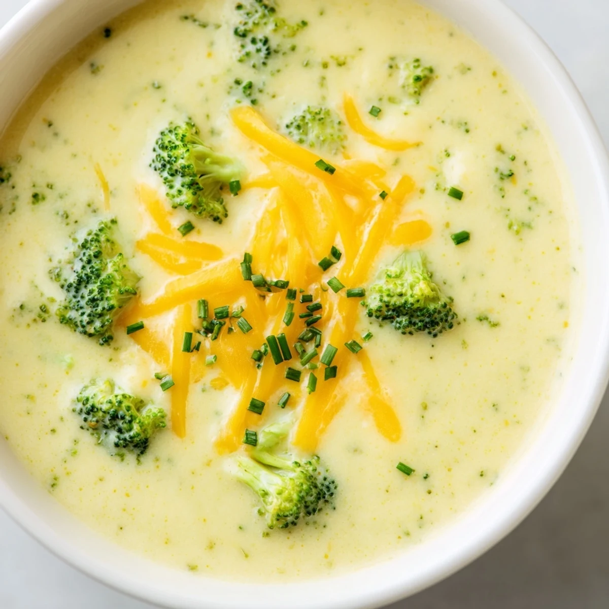 Velvety Creamy Broccoli Cheddar Soup with tender broccoli florets and melted sharp cheddar garnish.