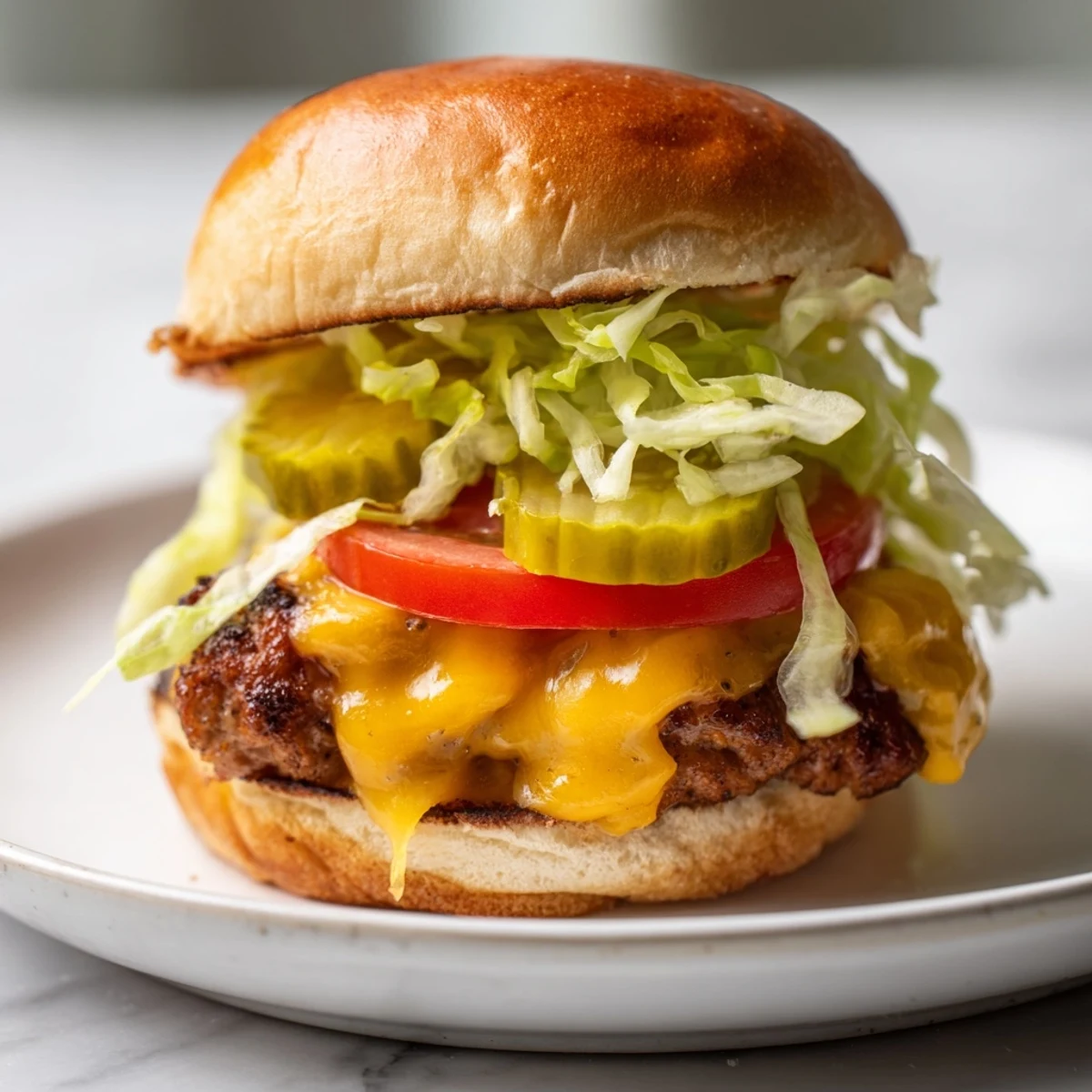 Tailgate Turkey Burger Sliders on a platter, melty cheddar cheese melted over juicy patties with fresh lettuce and tomato slices.