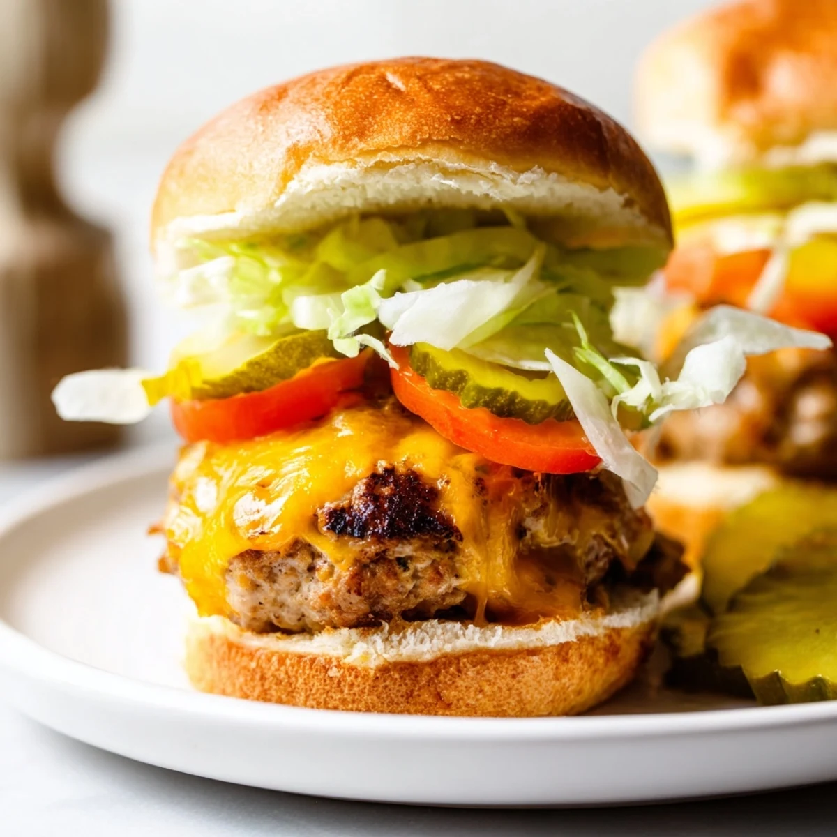 Game day Tailgate Turkey Burger Sliders stacked high, featuring seasoned turkey patties on soft toasted buns with classic toppings.