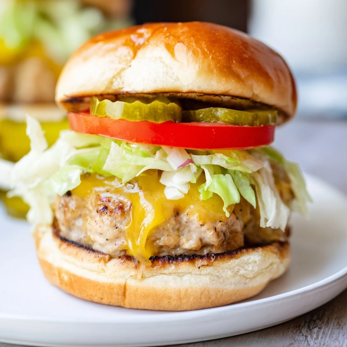 Freshly assembled Tailgate Turkey Burger Sliders with pickles and mustard, ready for serving at a lively outdoor stadium gathering.