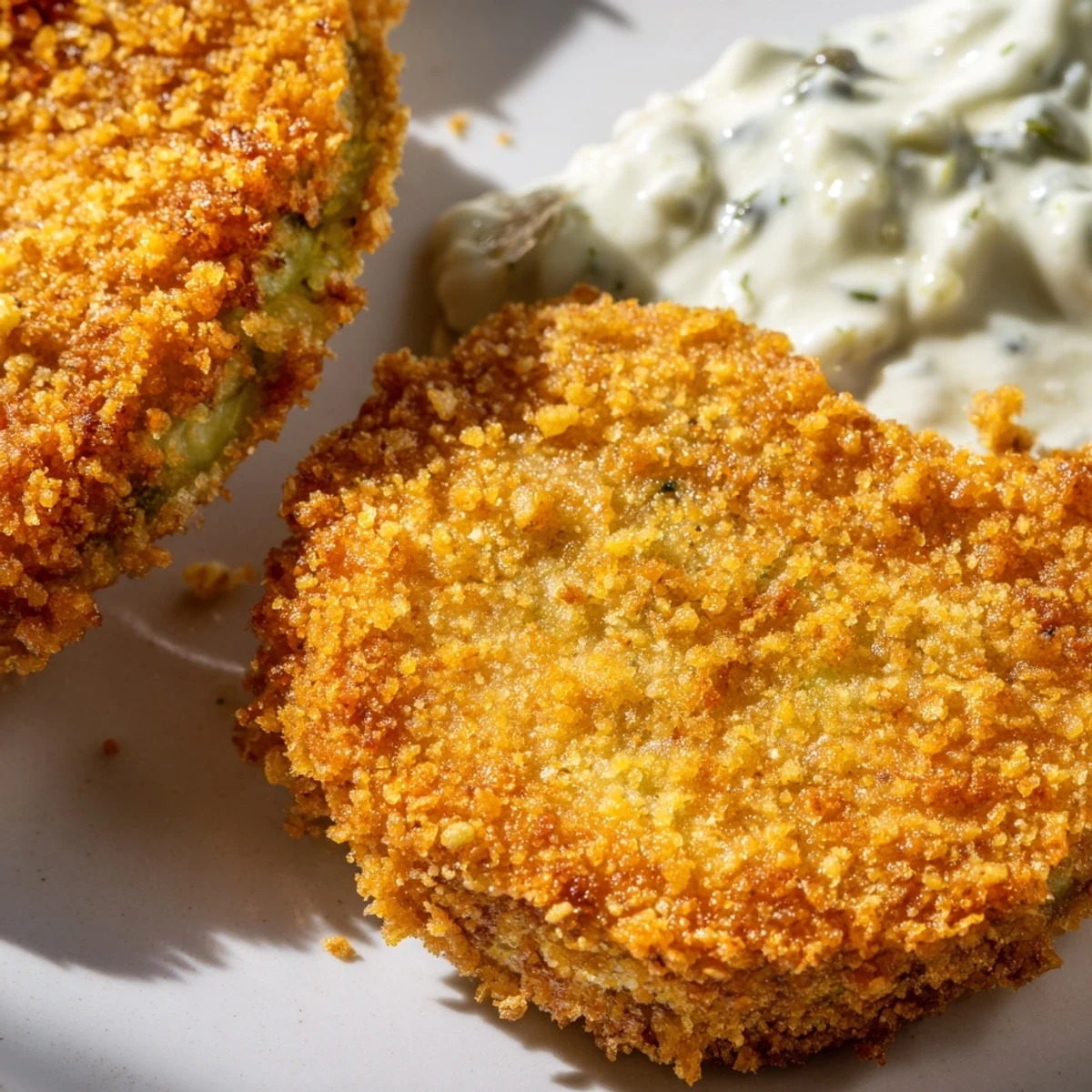 Crispy fried green tomatoes with remoulade sauce, golden cornmeal crust, and fresh parsley garnish on a white plate.  