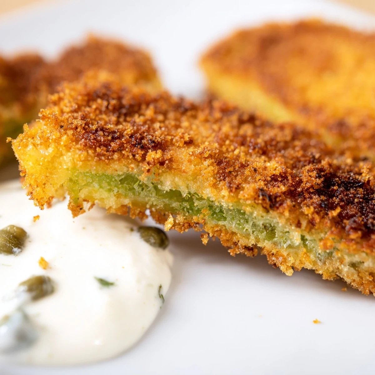 Sizzling fried green tomatoes just out of the skillet, paired with a creamy remoulade dipping sauce.  
