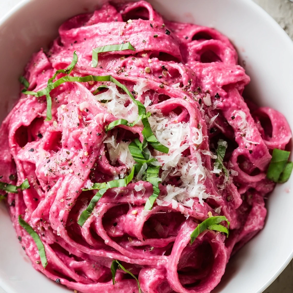 Creamy pink Valentine Pink Pasta with Beet Sauce swirls on a plate, garnished with fresh basil and grated Parmesan.