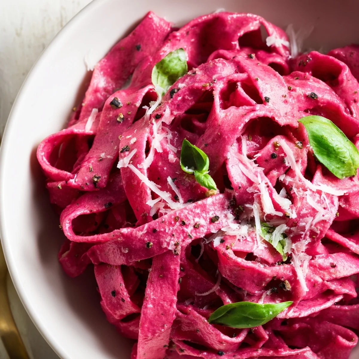 Rich Valentine Pink Pasta with Beet Sauce is served in a rustic bowl, highlighting its natural, vibrant color.