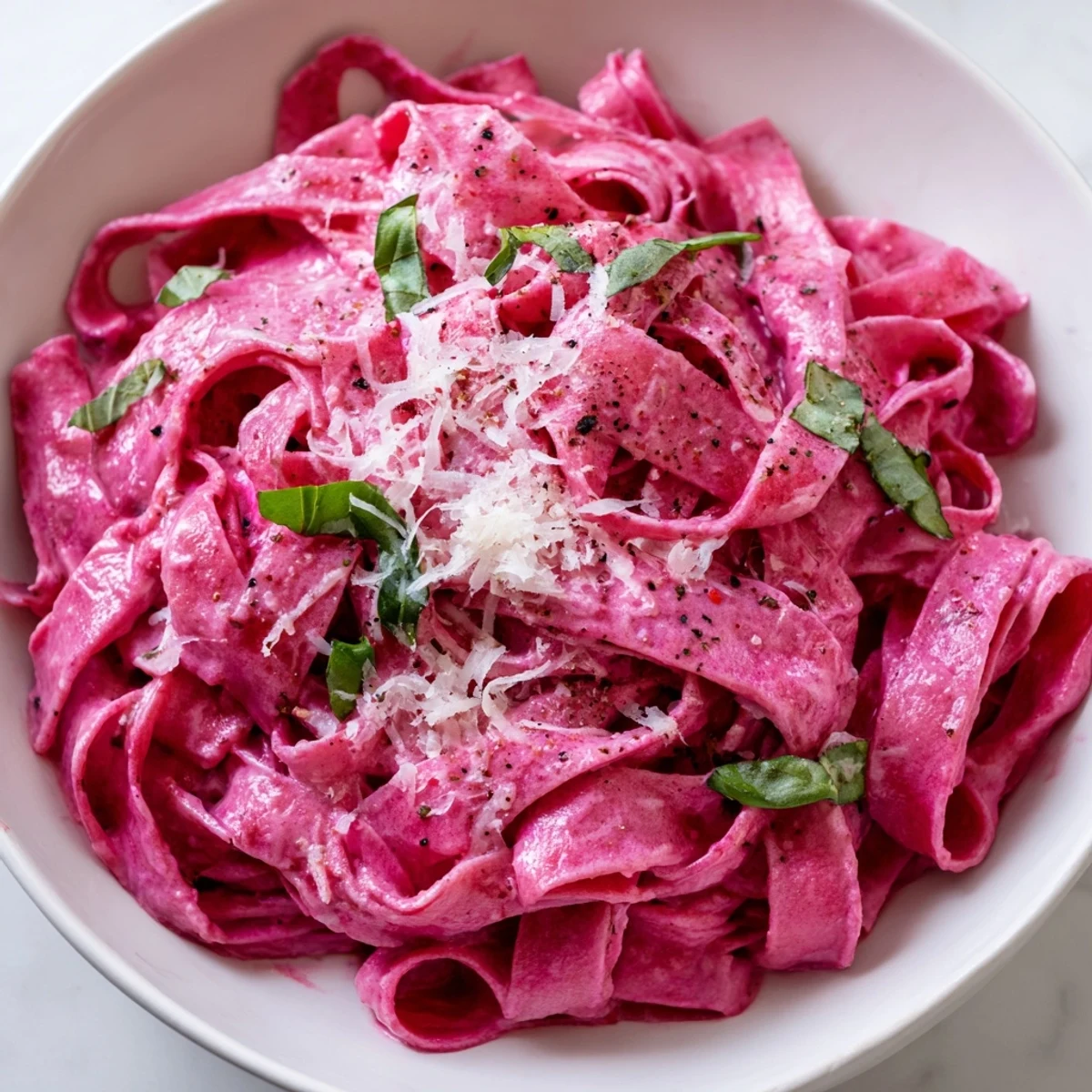 A close-up of Valentine Pink Pasta with Beet Sauce shows creamy sauce clinging to fettuccine, paired with a glass of white wine.