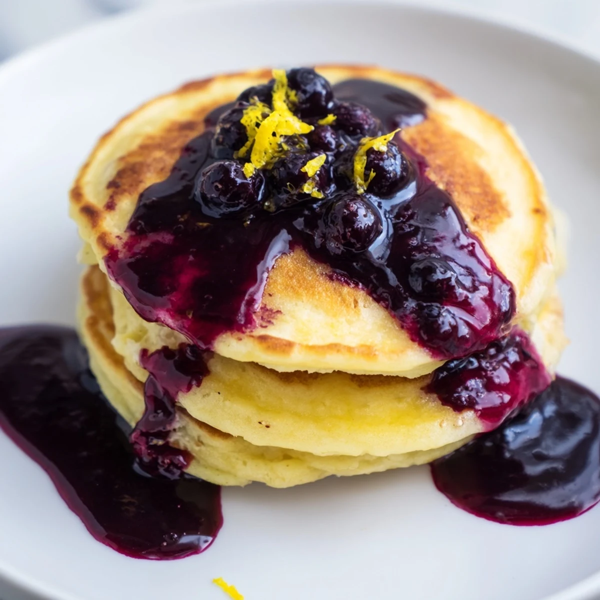 Golden Lemon Ricotta Pancakes with Blueberry Syrup are stacked high on a plate, drizzled with vibrant purple syrup and fresh berries.