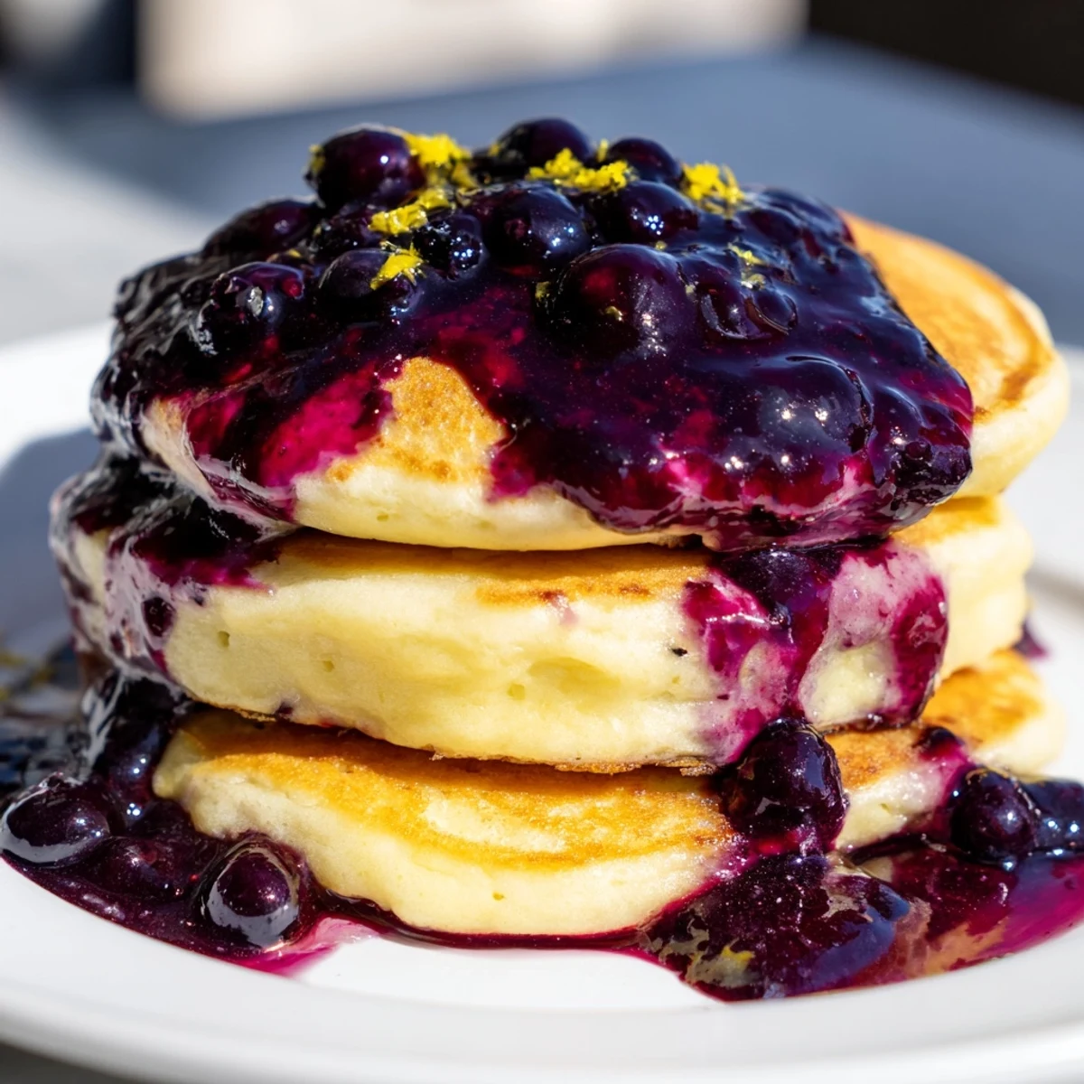 A close-up view of fluffy Lemon Ricotta Pancakes with Blueberry Syrup, showing a light, airy texture and a generous syrup pour.