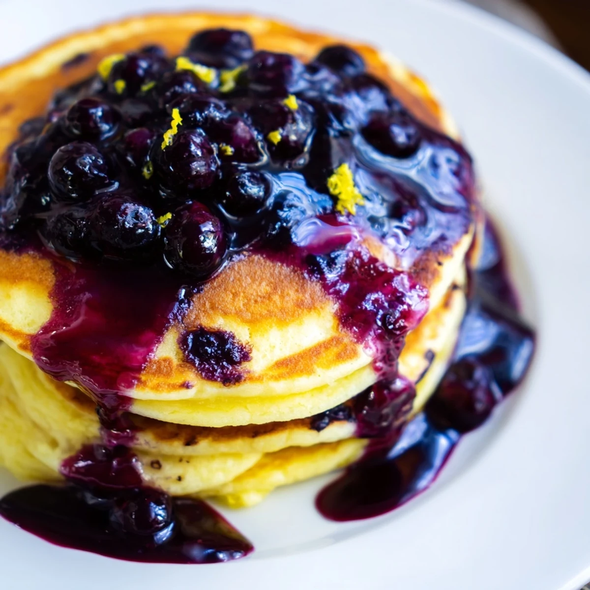 Homemade Lemon Ricotta Pancakes with Blueberry Syrup topped with whipped cream and blueberries, ready for a cozy American brunch.