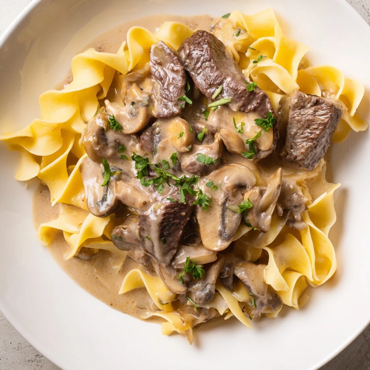 A close-up view of Beef Stroganoff over egg noodles, garnished with fresh parsley and featuring a rich, savory mushroom and beef gravy.