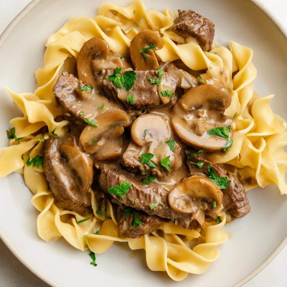 Tender beef strips and sautéed mushrooms in a creamy sauce, served over buttery egg noodles for a comforting Beef Stroganoff dinner.