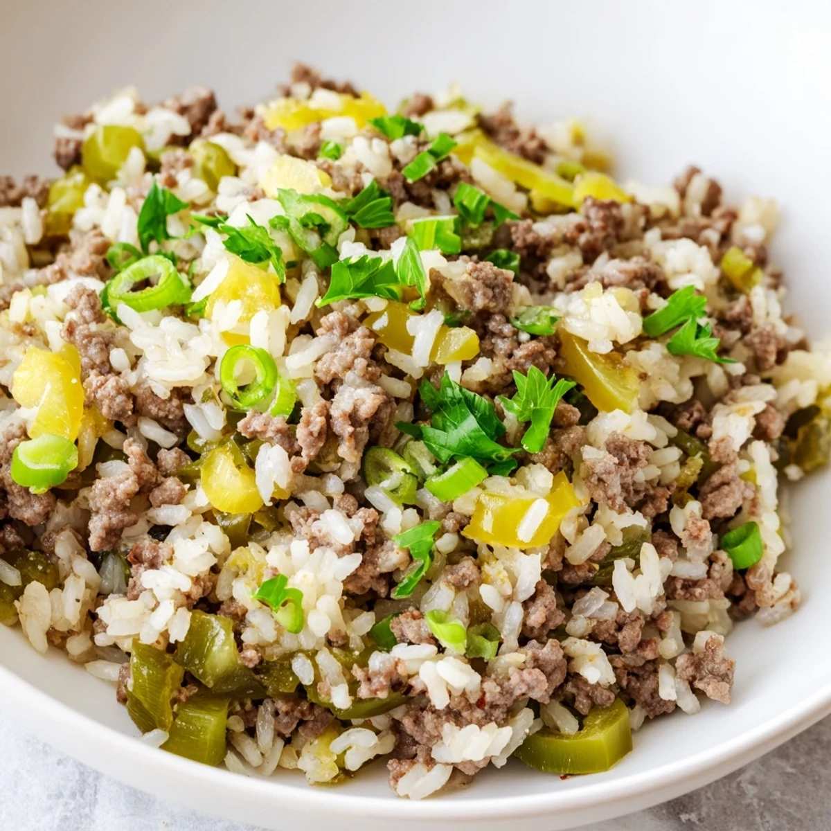 Serving suggestion for Cajun Dirty Rice with Ground Beef, paired with iced tea on a rustic table.