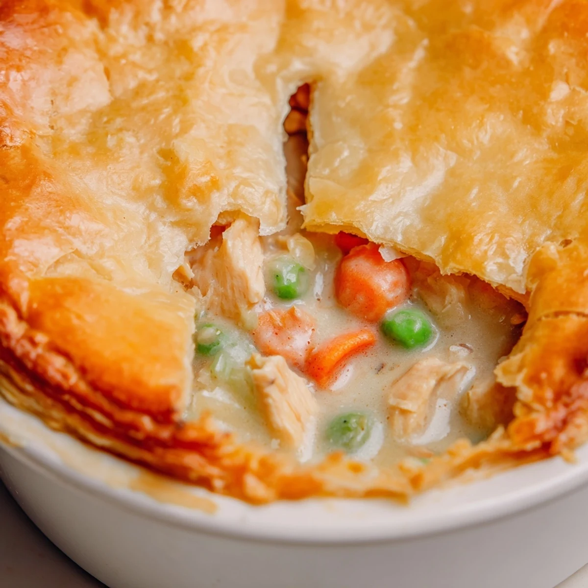 A golden, flaky puff pastry crust covers a hearty chicken pot pie filling with tender veggies and creamy sauce, served in a rustic dish.