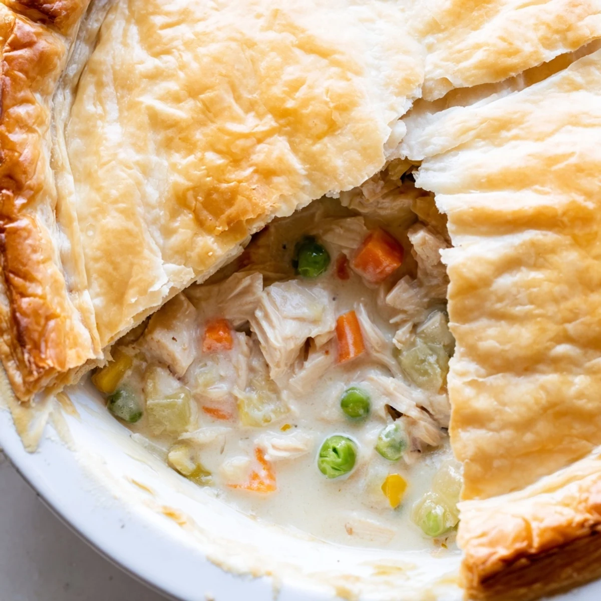 Ready to serve, this classic American chicken pot pie has a crisp puff pastry topping and a rich, creamy interior perfect for a cozy dinner.