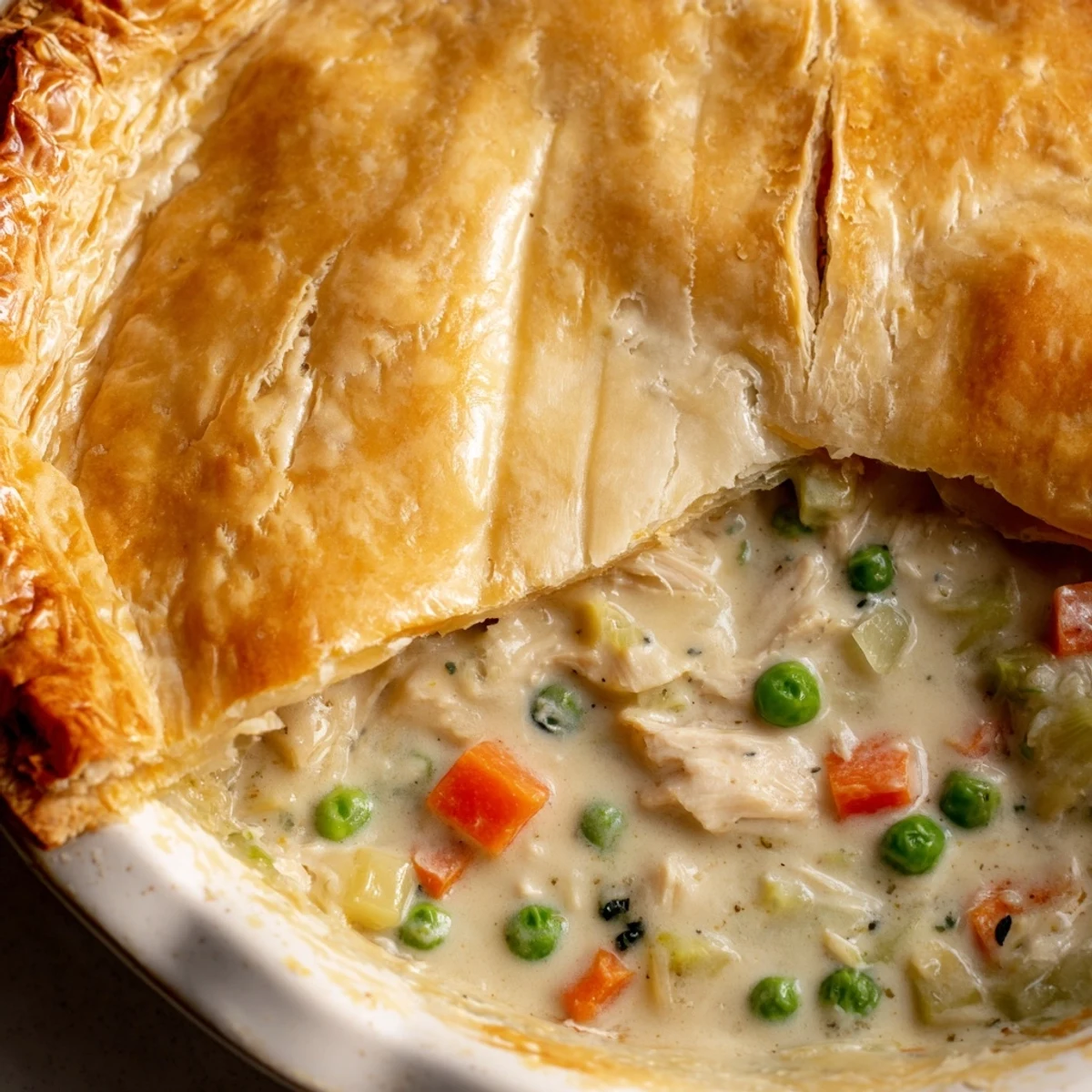 Steaming chicken pot pie emerges from the oven, its buttery puff pastry golden brown, revealing a comforting blend of chicken, carrots, and peas.