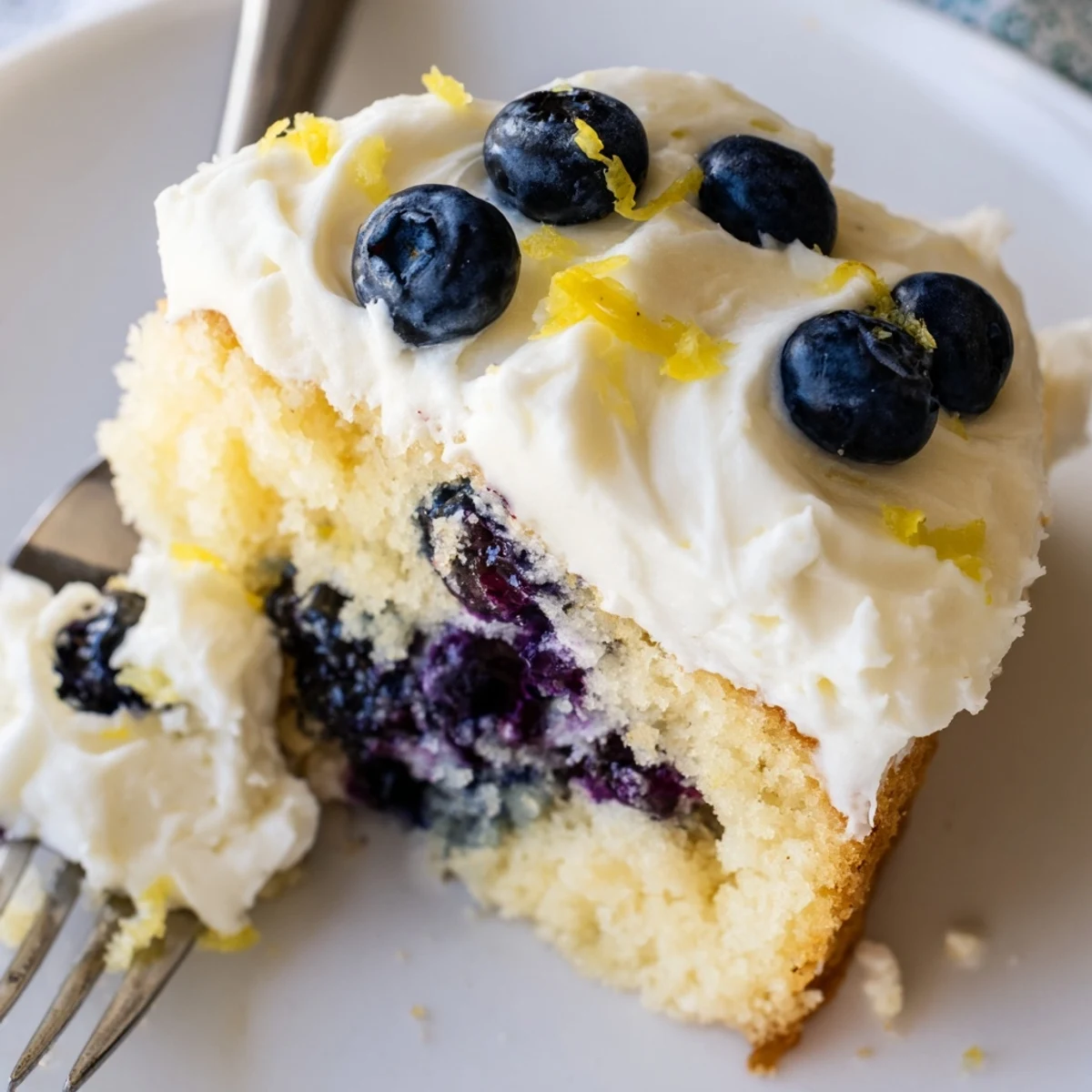 Freshly baked Lemon Blueberry Cake on a white plate, topped with lemon zest and plump blueberries for a vibrant spring dessert.