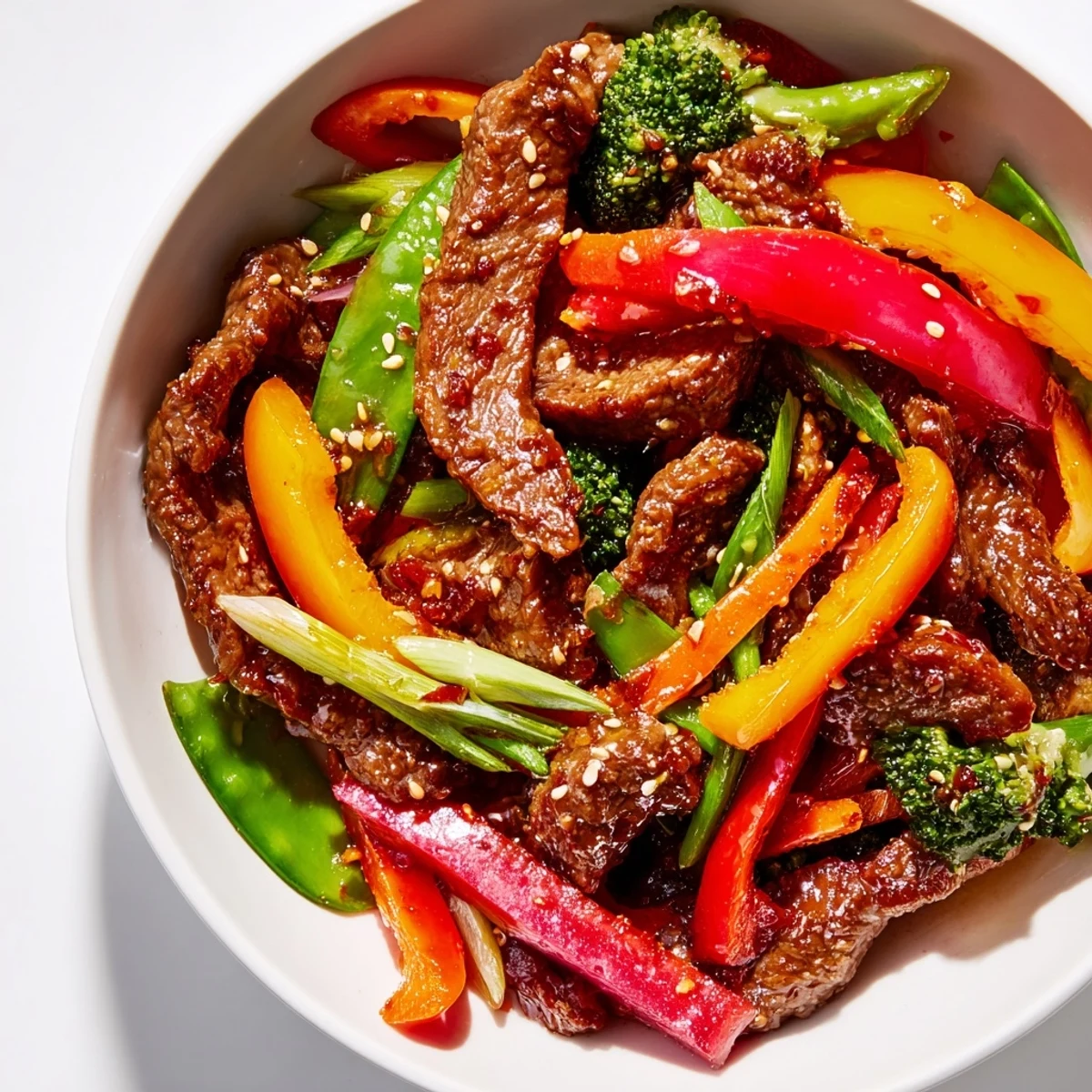 Colorful vegetables like carrots and broccoli stir-fried with savory beef in a glossy, spicy glaze. Spicy Beef Stir Fry with Vegetables served in a hot wok.