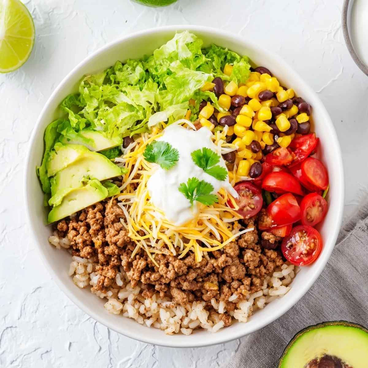 Fluffy brown rice and spiced ground beef topped with avocado, corn, and cheese in a Tex-Mex Beef Burrito Bowl.
