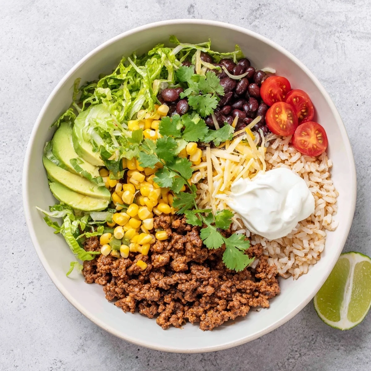 Colorful ingredients like black beans, cherry tomatoes, and shredded lettuce make this easy Beef Burrito Bowl perfect for weeknight dinners.