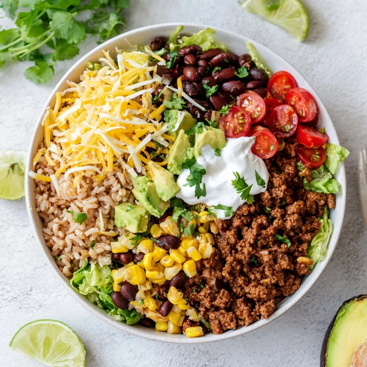 A close-up of a hearty Beef Burrito Bowl with sour cream drizzle, fresh cilantro, and lime wedges on the side.
