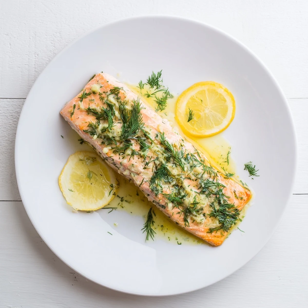 Golden-brown Baked Salmon with Dill Butter rests on a baking sheet, garnished with fresh herbs and lemon wedges.