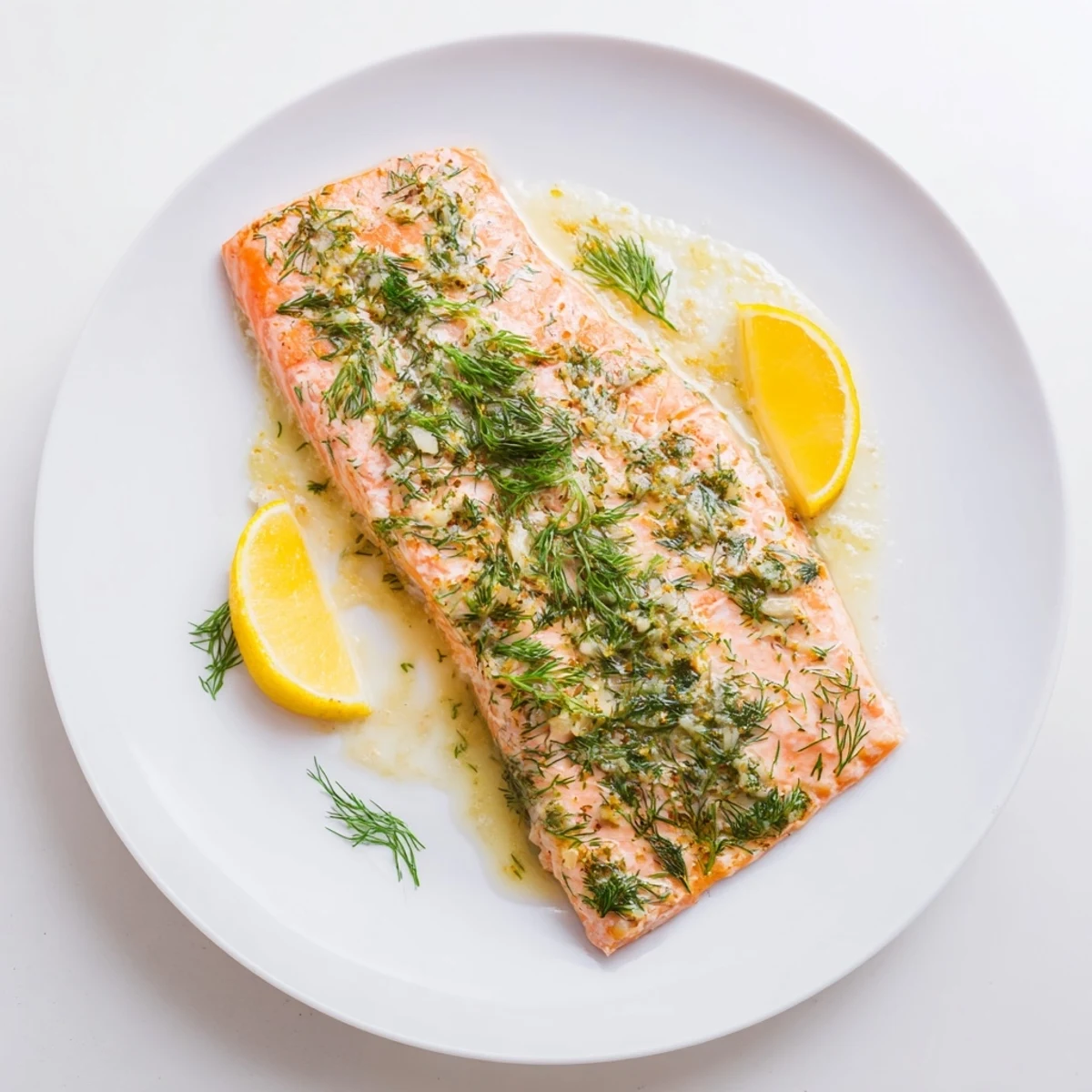 Restaurant-quality Baked Salmon with Dill Butter plated elegantly, ready to serve with a crisp green salad and lemon slices.