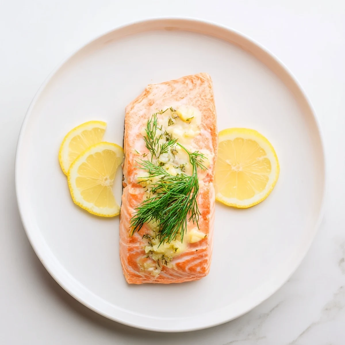 Fork-tender Baked Salmon with Dill Butter flaking easily, topped with melting herb butter and served alongside roasted potatoes.