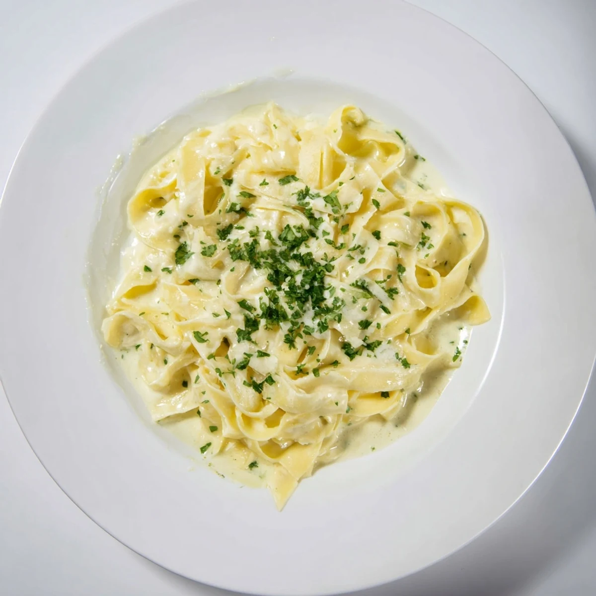 A close-up view of Creamy Garlic Pasta with Parsley, showcasing al dente noodles coated in luscious sauce and bright green herbs.  