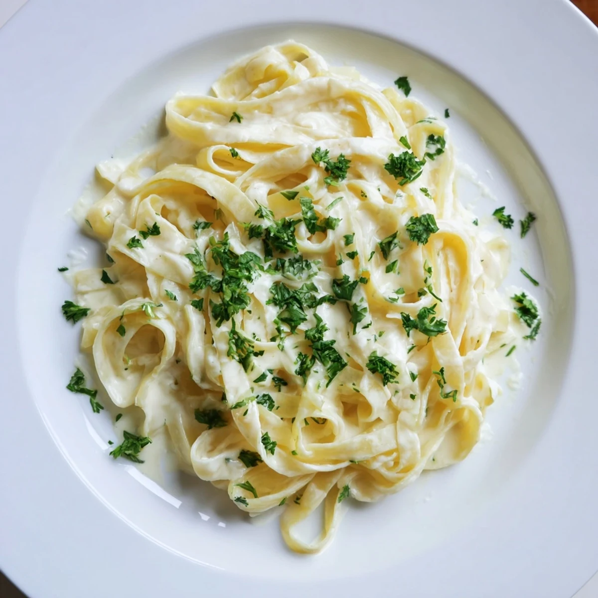 Plate of Creamy Garlic Pasta with Parsley beside a glass of crisp Pinot Grigio, ready for a comforting vegetarian dinner.