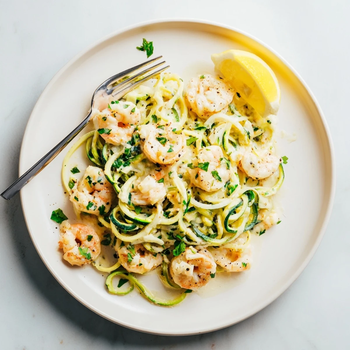 Garlic cream sauce coats sautéed shrimp and tender zucchini noodles in this low-carb, gluten-free dinner.