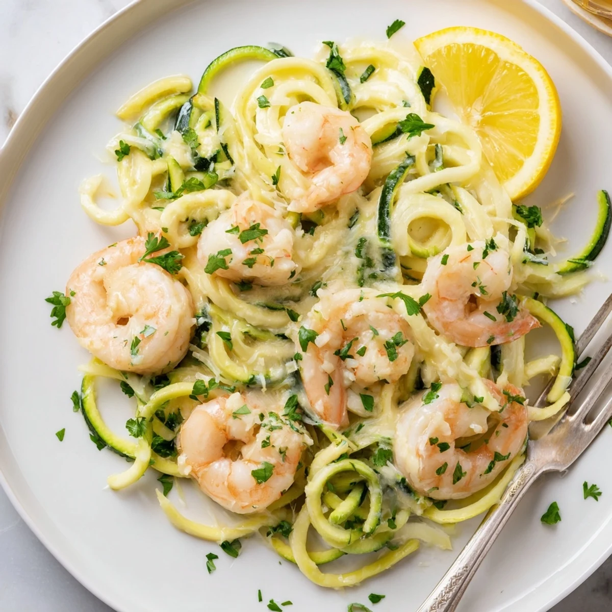 A skillet of Creamy Garlic Shrimp with Zucchini Noodles, with golden shrimp and bright green spirals.