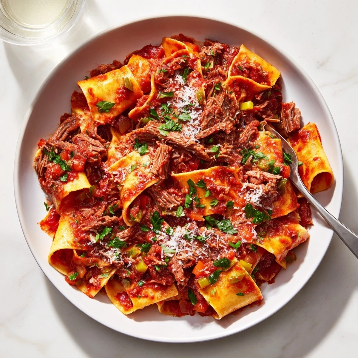 A close-up of Slow Cooker Beef Ragu with Pappardelle, featuring tender shredded beef and rich tomato sauce on wide pasta noodles.
