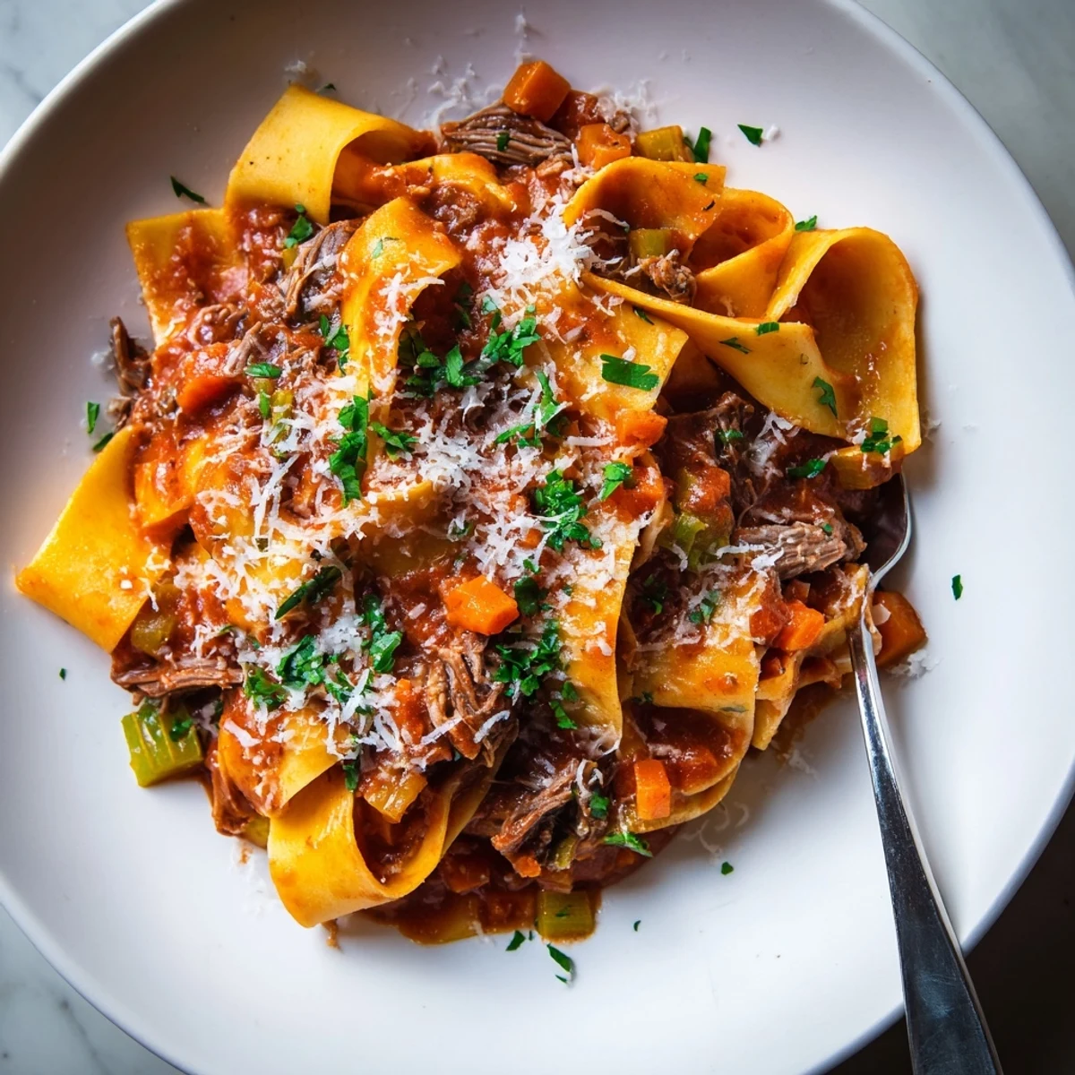 Serving of Slow Cooker Beef Ragu with Pappardelle paired with red wine, showcasing hearty sauce and silky pasta ribbons.