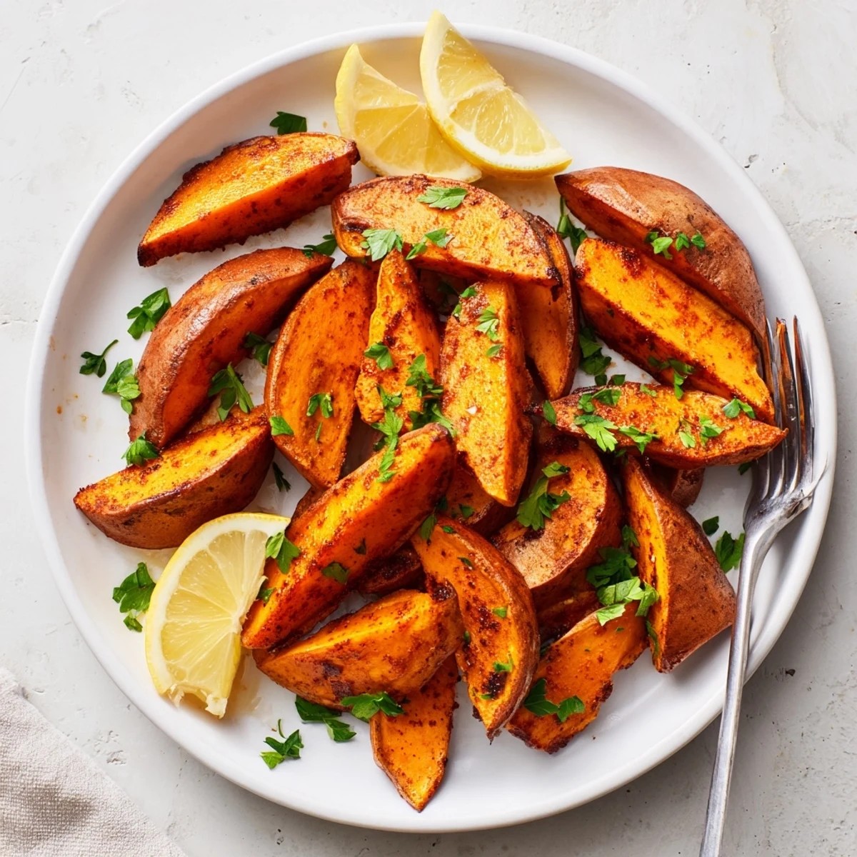 Golden-brown roasted sweet potato wedges seasoned with smoky paprika and fresh parsley on a platter.