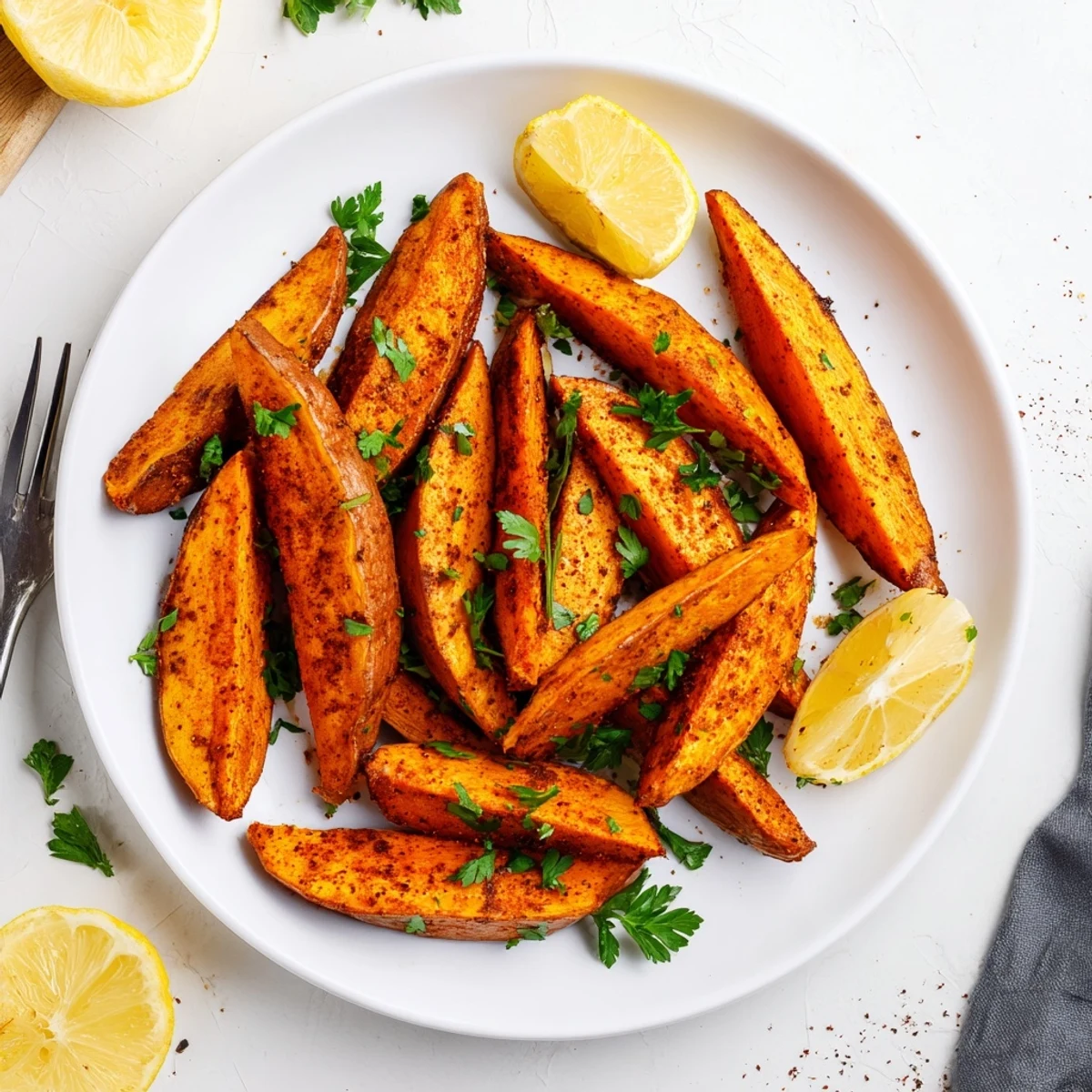 Crispy baked sweet potato wedges with paprika served alongside lemon wedges for a bright squeeze.