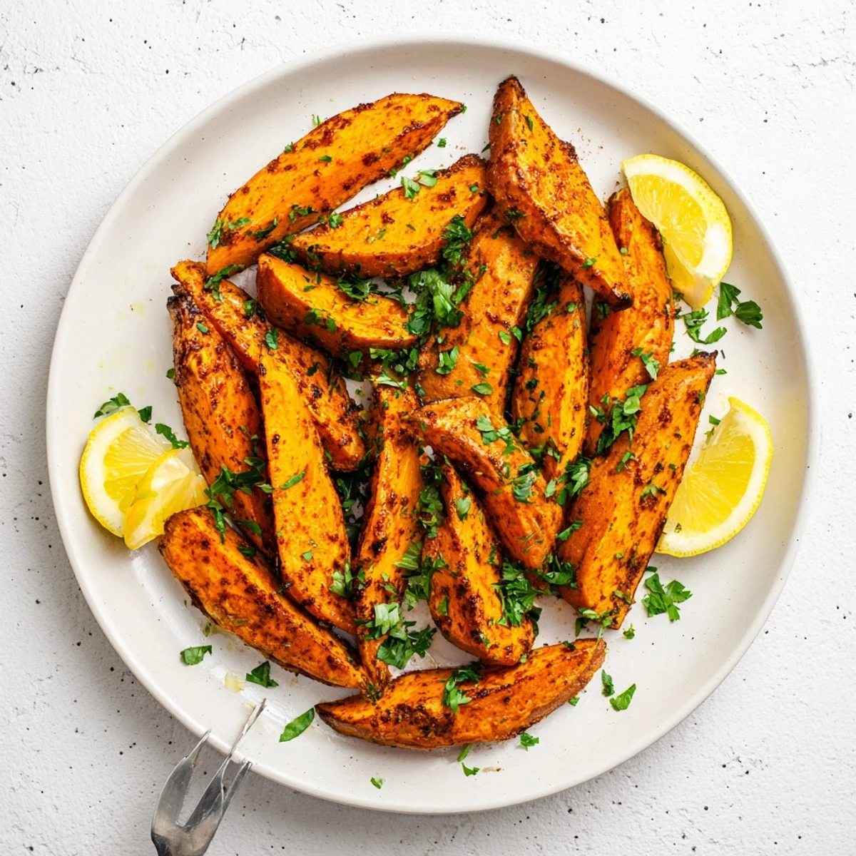 A close-up of tender roasted sweet potato wedges with paprika, garnished with fresh parsley.