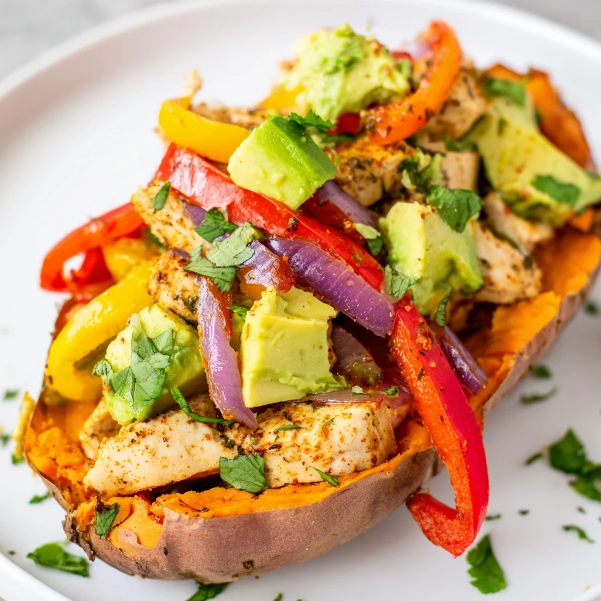Golden-brown baked sweet potatoes split open to reveal fluffy interiors, generously stuffed with fajita-spiced chicken, vibrant red and yellow bell peppers, and sautéed red onions.  
