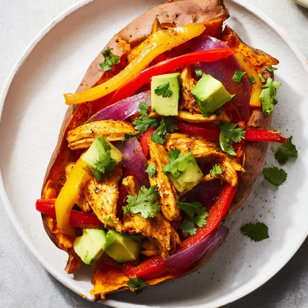 Freshly sliced avocado and chopped cilantro garnish the hearty Chicken Fajita Stuffed Sweet Potatoes, with lime wedges and a dollop of sour cream on the side.  