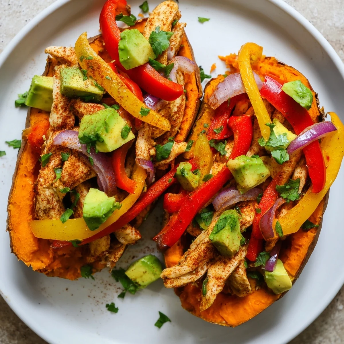 Colorful Tex-Mex ingredients fill these Chicken Fajita Stuffed Sweet Potatoes, featuring tender chicken strips and peppers, topped with creamy avocado and fresh cilantro.