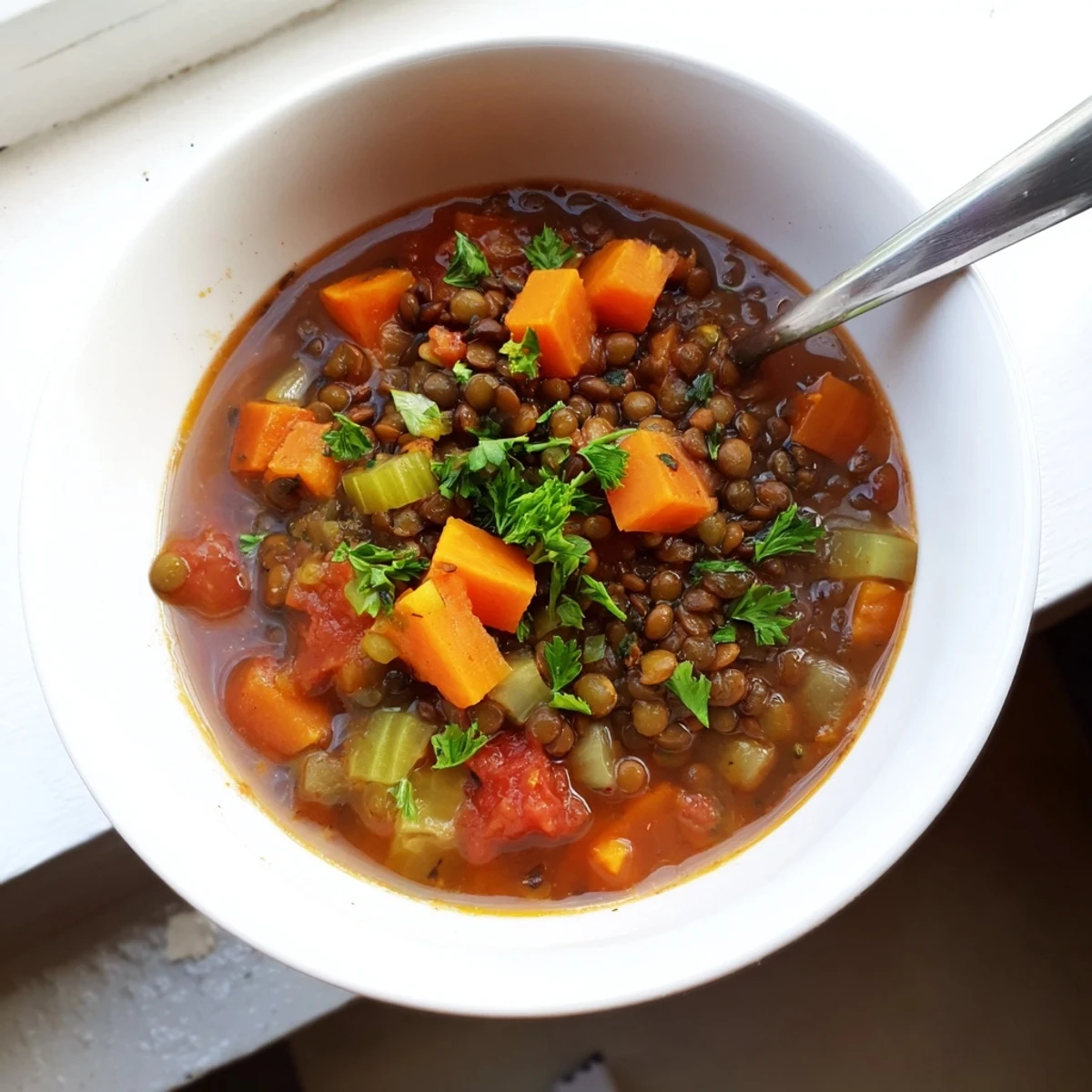 Vibrant orange carrots and green celery float in this hearty, steaming bowl of Spicy Lentil Soup.  