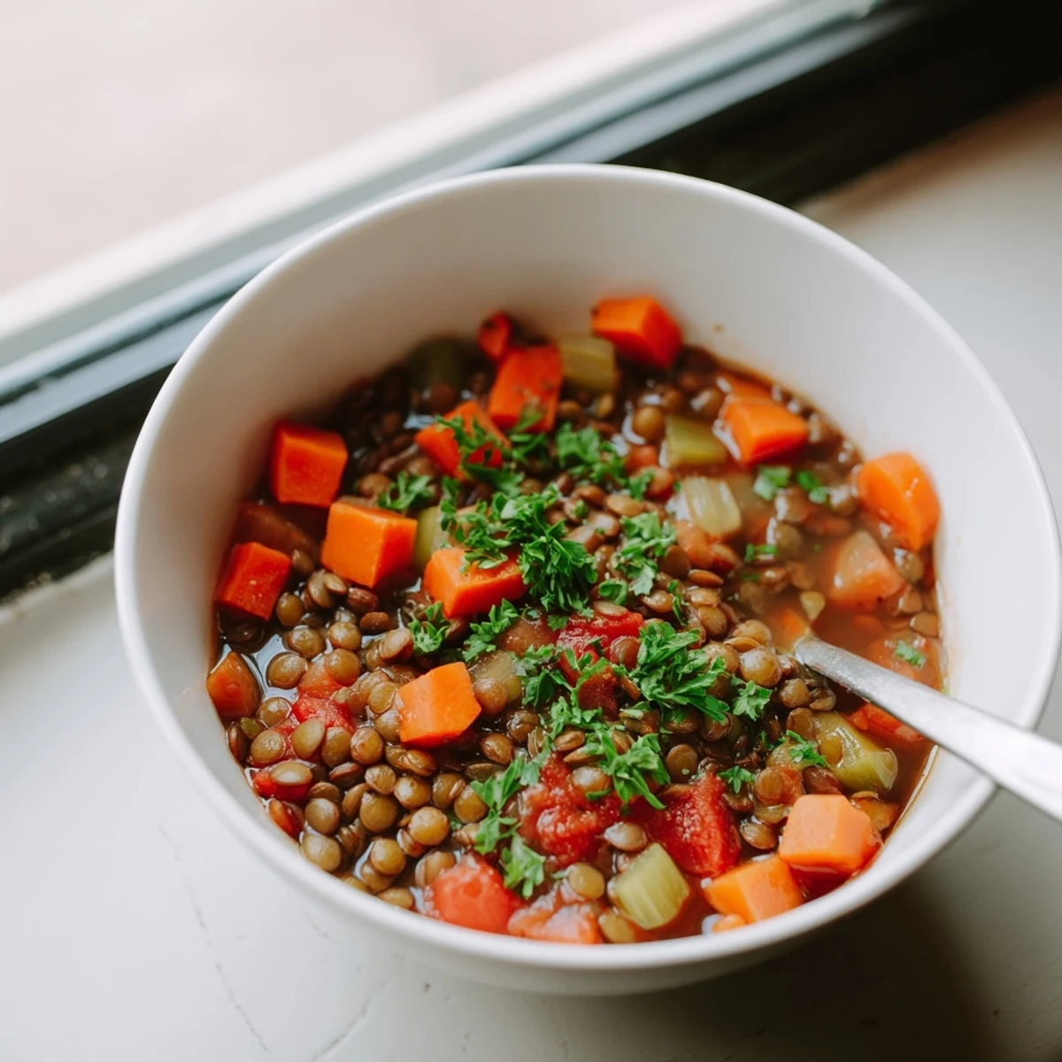 A spoon dipping into a rich, orange-hued Spicy Lentil Soup, featuring tender lentils and diced veggies.