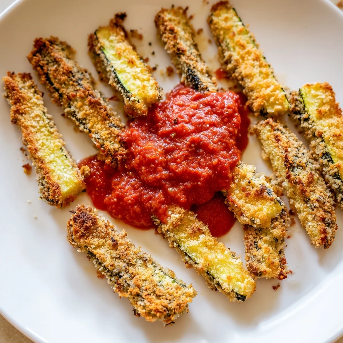 Crispy, golden-baked Zucchini Fries with Marinara Sauce on a rustic wooden board for a healthy snack.