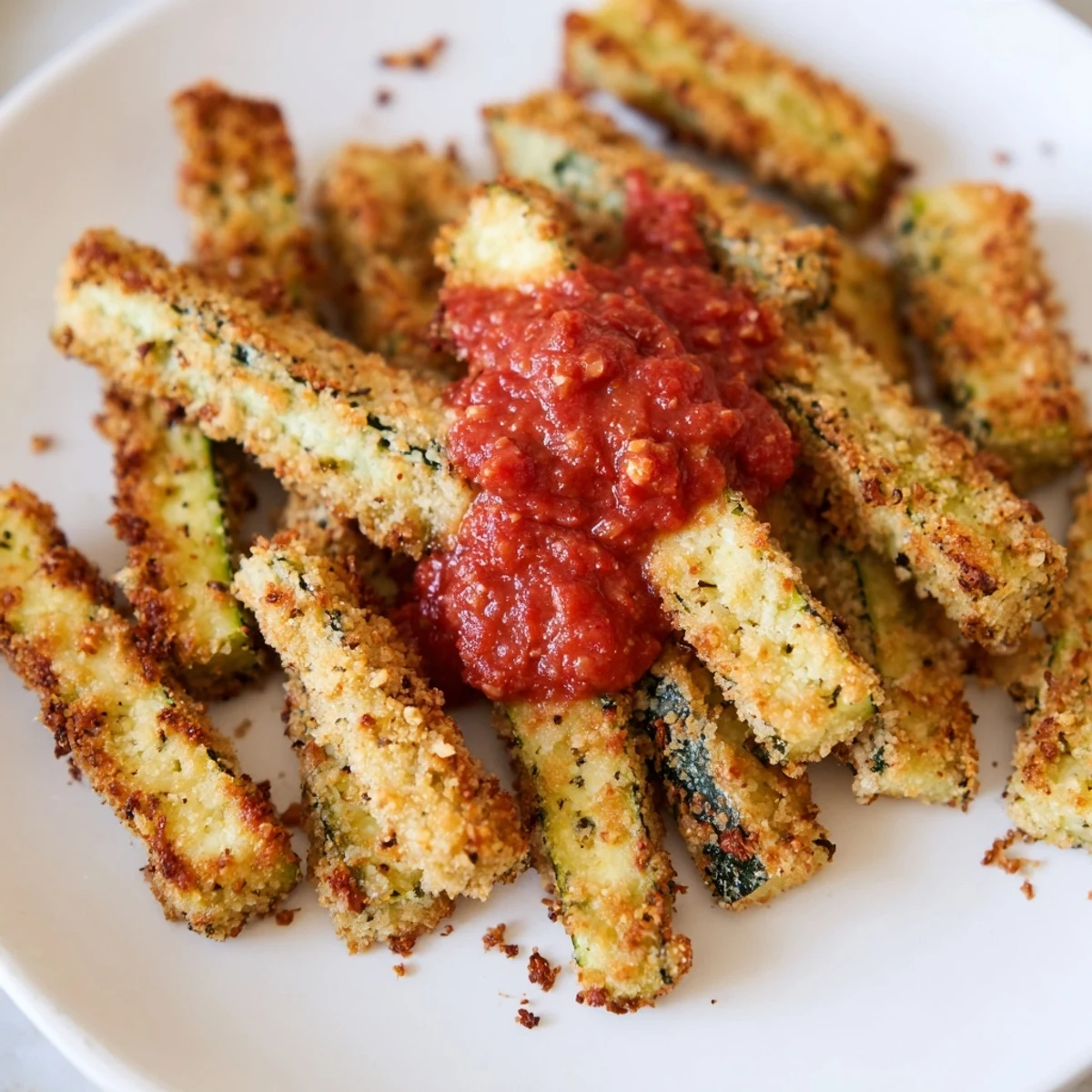 Sizzling, oven-baked Zucchini Fries with Marinara Sauce served hot for a vegetarian appetizer idea.
