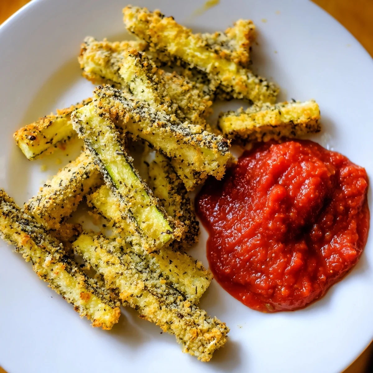 Golden-baked Zucchini Fries with Marinara Sauce are arranged on a plate with fresh basil garnish.