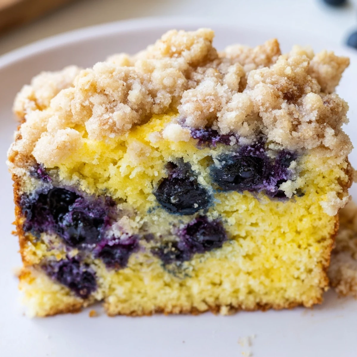 A freshly baked loaf of Lemon Blueberry Bread with Streusel Topping rests on a rustic wooden board, showcasing its golden-brown crumbly topping and juicy blueberries inside.