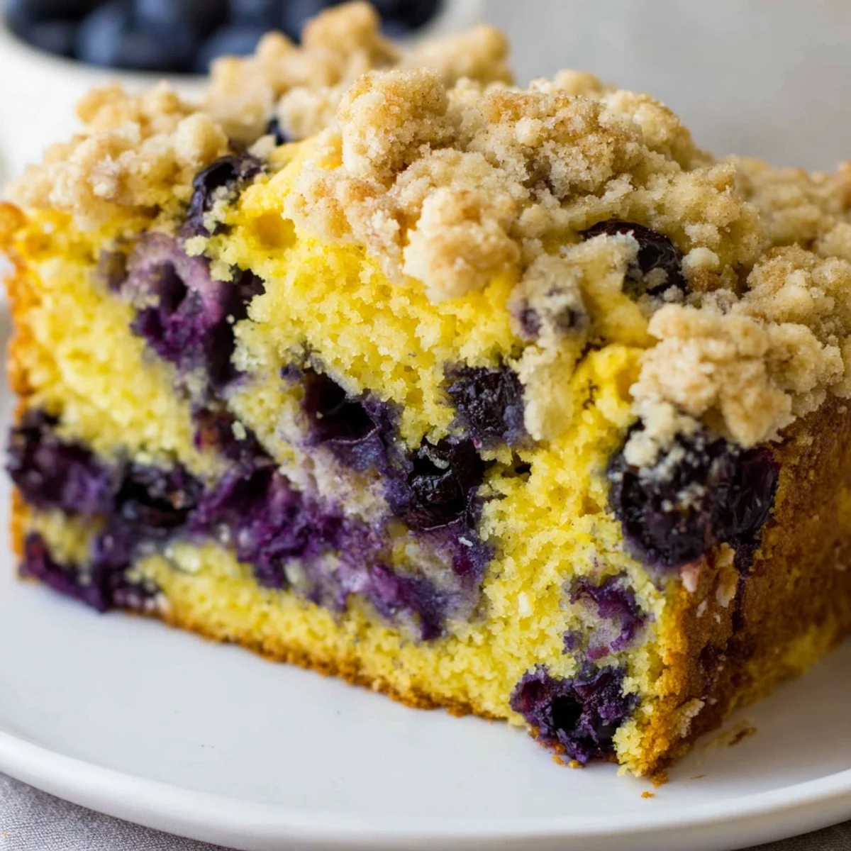 Overhead view of a whole Lemon Blueberry Bread with Streusel Topping, featuring a cracked, buttery streusel crust and vibrant blueberries peeking through the golden surface.