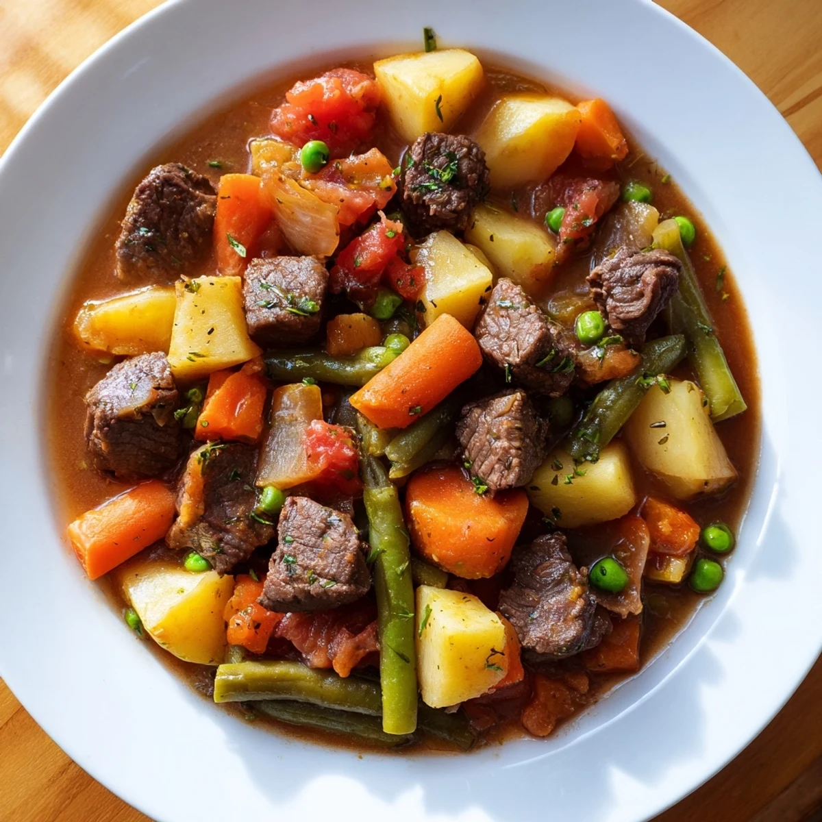 Close-up of Beef Vegetable Soup with Potatoes, showcasing diced potatoes, carrots, and green beans in a rich, aromatic broth.