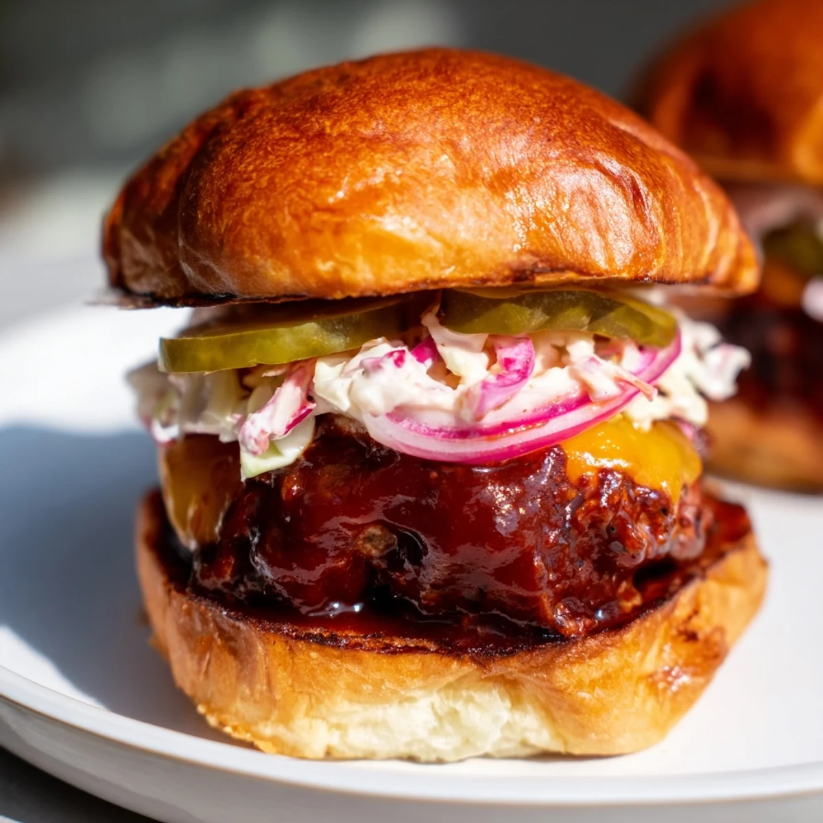 Golden-brown Big Game BBQ Beef Sliders on Brioche buns, topped with melted cheddar and fresh chives, ready to serve at a game day party.  